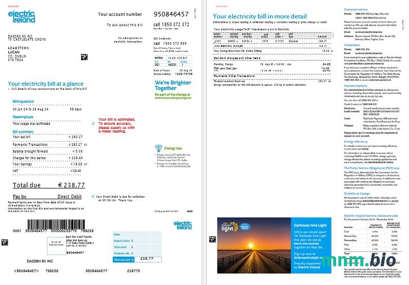 Ireland Electric Ireland rachunek za usługi komunalne szablon w formacie Word i PDF, 2 strony